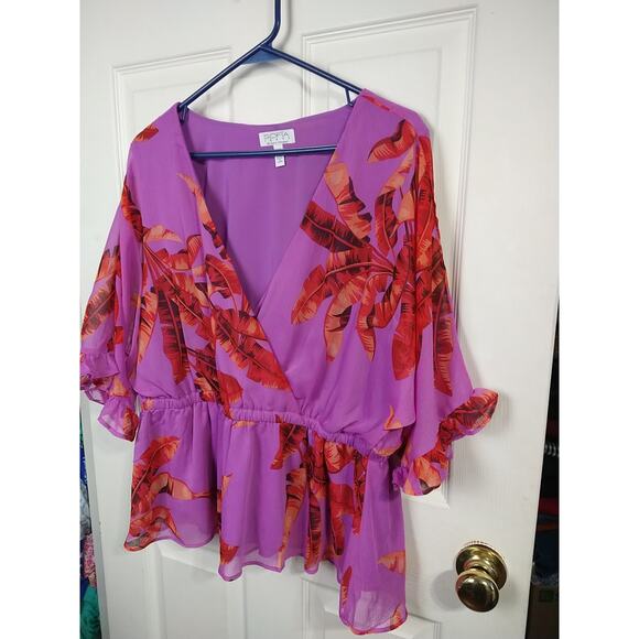 Sofia Jeans Woman XXL Pullover Blous Tank Semi Sheer Leaf Faux Wrap Baby Doll - Picture 2 of 7